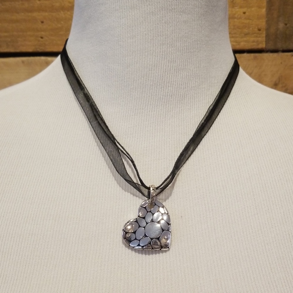 Silvertone heart on black ribbon necklace